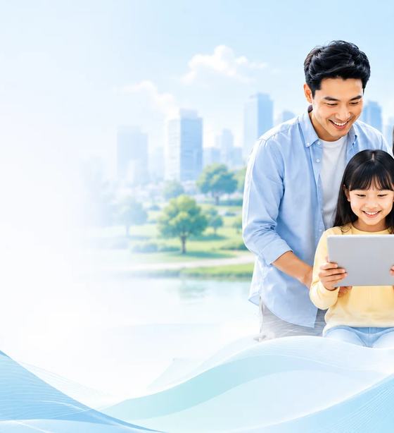 A family looking at a tablet together