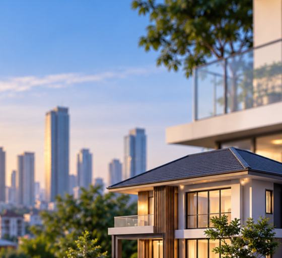 A modern house at sunset